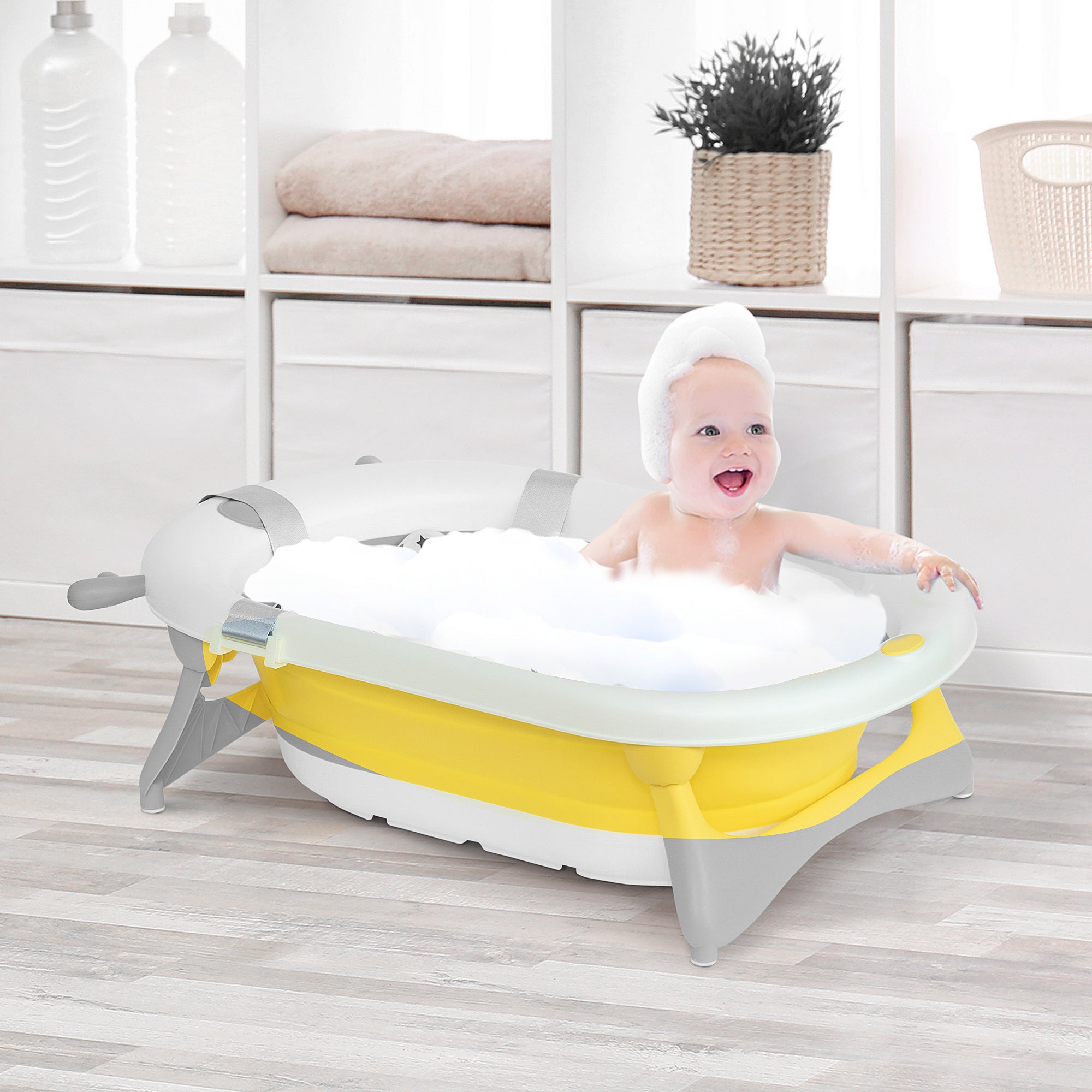HOMCOM Foldable Baby Bathtub Set, Collapsible Bath Tub with Thermostatic Water Plug, Non-Slip Support, Cushion Pad, Drain Plugs, for Newborn to 3 Years - Yellow 