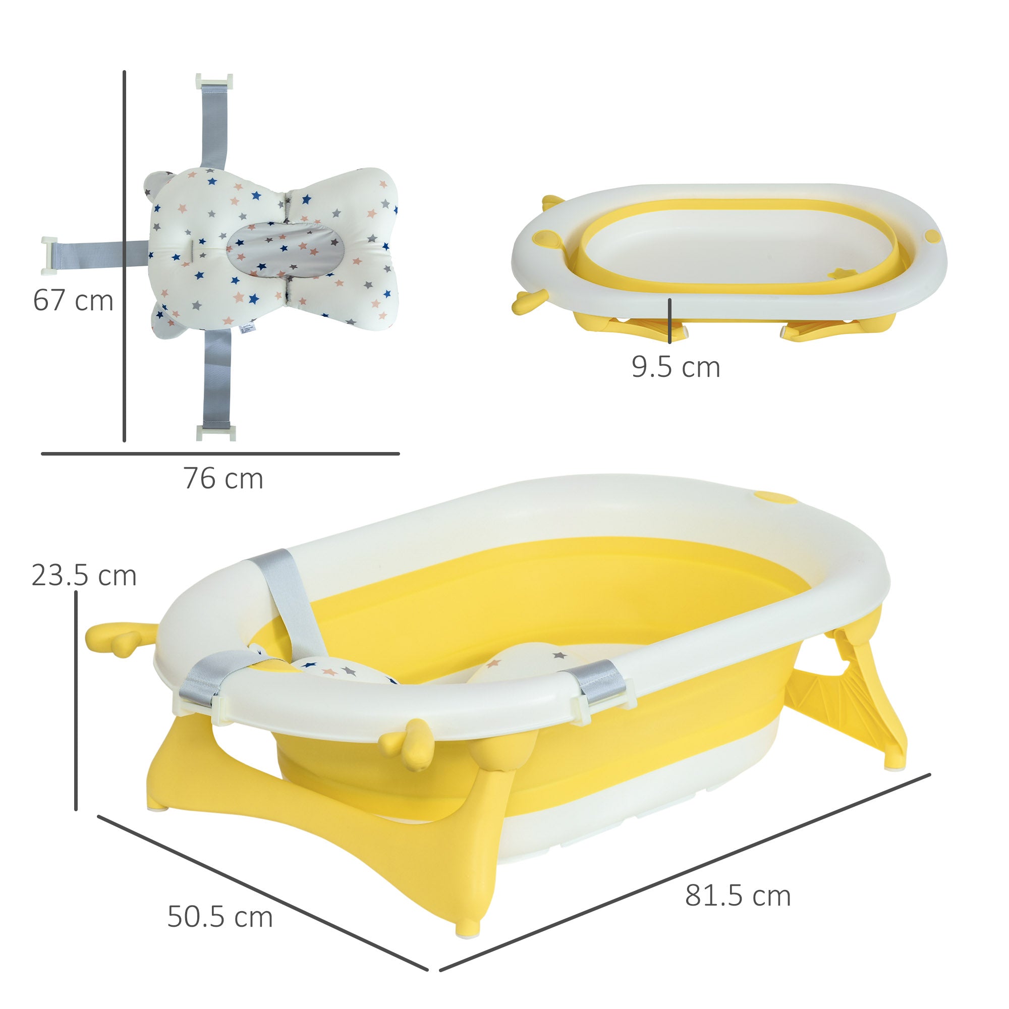 HOMCOM Foldable Baby Bathtub Set, Collapsible Bath Tub with Thermostatic Water Plug, Non-Slip Support, Cushion Pad, Drain Plugs, for Newborn to 3 Years - Yellow 