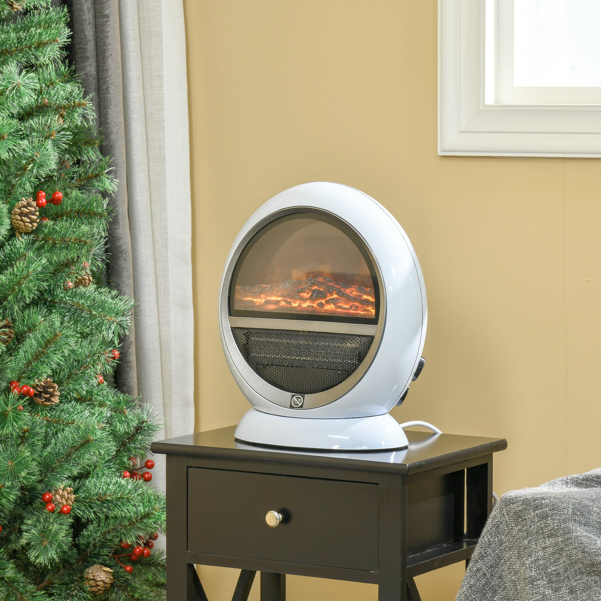 HOMCOM Freestanding Electric Fireplace Indoor Space Table Top Heater with Realistic Flame Effect, Rotatable Head, Overheating Protection, 1500W, White 