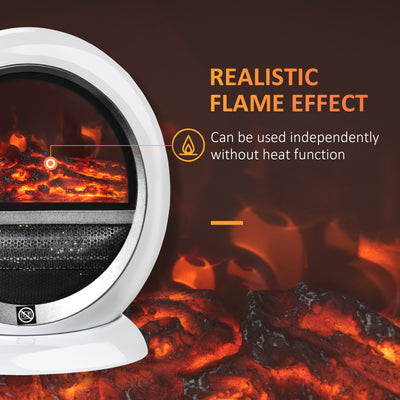 HOMCOM Freestanding Electric Fireplace Indoor Space Table Top Heater with Realistic Flame Effect, Rotatable Head, Overheating Protection, 1500W, White 