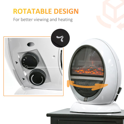 HOMCOM Freestanding Electric Fireplace Indoor Space Table Top Heater with Realistic Flame Effect, Rotatable Head, Overheating Protection, 1500W, White 