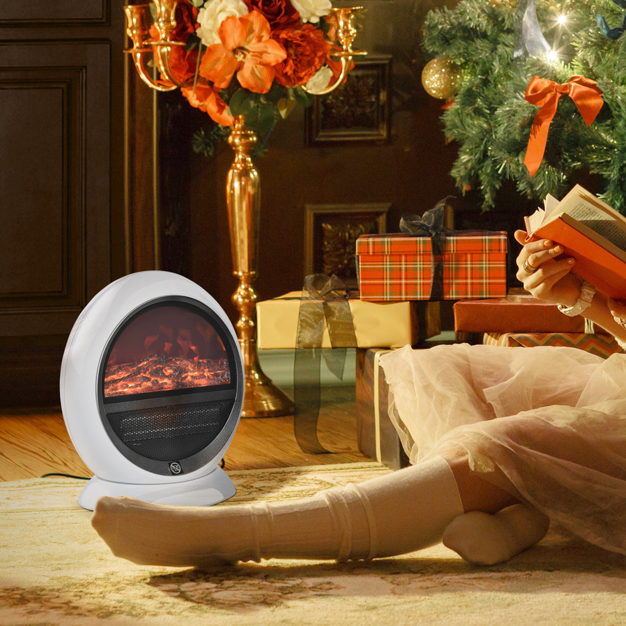 HOMCOM Freestanding Electric Fireplace Indoor Space Table Top Heater with Realistic Flame Effect, Rotatable Head, Overheating Protection, 1500W, White 