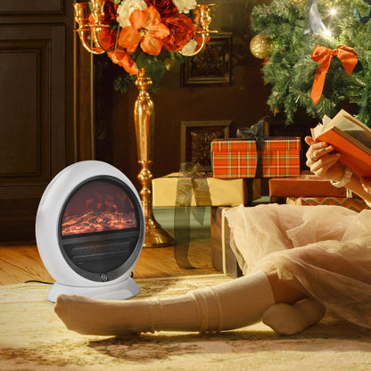 HOMCOM Freestanding Electric Fireplace Indoor Space Table Top Heater with Realistic Flame Effect, Rotatable Head, Overheating Protection, 1500W, White 