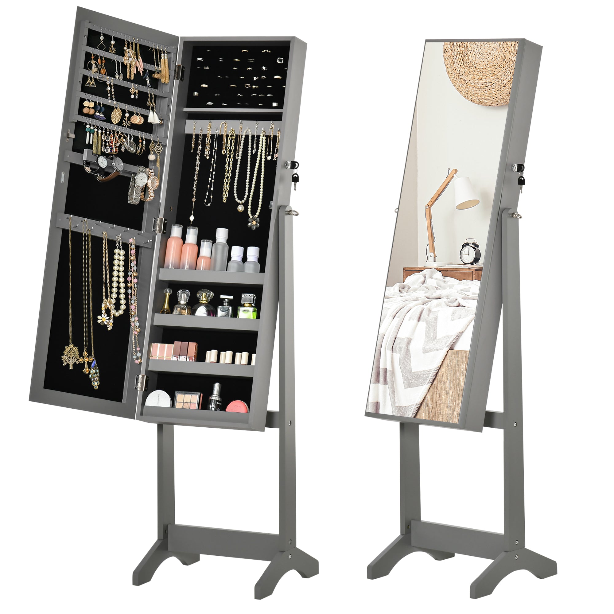 HOMCOM Full Length Mirror with Storage, Jewellery Cabinet with Mirror, Adjustable Angle and Stand, Lockable Jewellery Organiser for Bedroom Dressing Room, Grey 