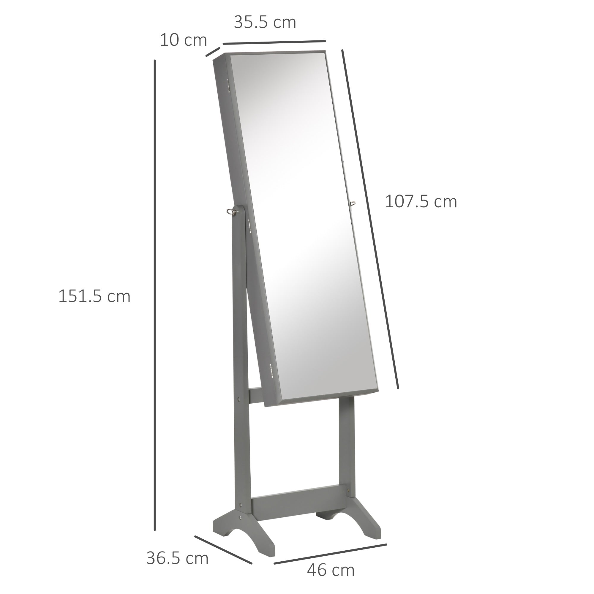 HOMCOM Full Length Mirror with Storage, Jewellery Cabinet with Mirror, Adjustable Angle and Stand, Lockable Jewellery Organiser for Bedroom Dressing Room, Grey 