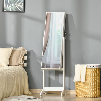 HOMCOM Full Length Mirror with Storage, Jewellery Cabinet with Mirror, Adjustable Angle and Stand, Lockable Jewellery Organiser for Bedroom Dressing Room, White 
