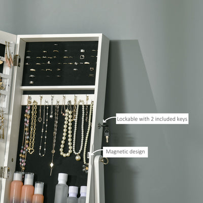 HOMCOM Full Length Mirror with Storage, Jewellery Cabinet with Mirror, Adjustable Angle and Stand, Lockable Jewellery Organiser for Bedroom Dressing Room, White 