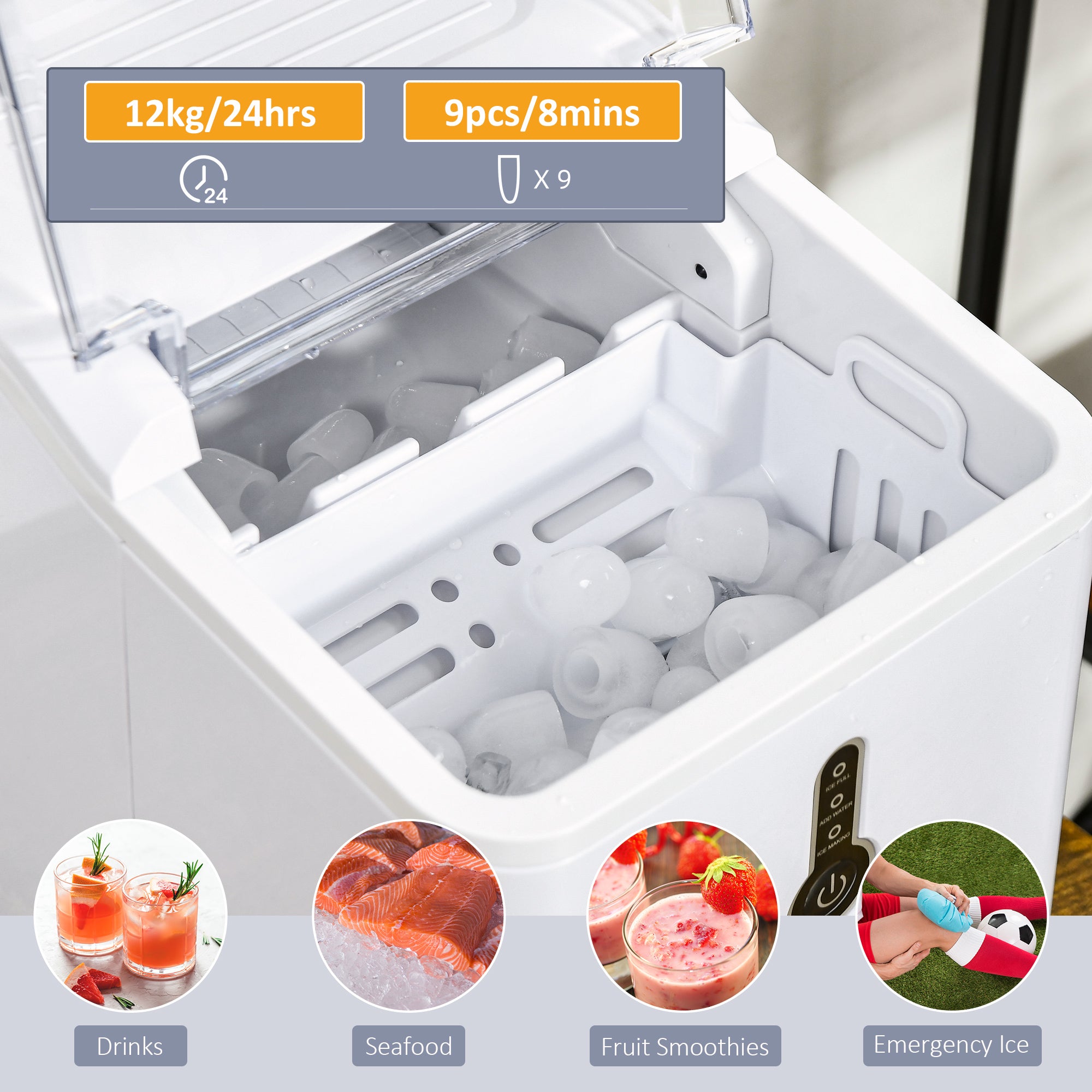 HOMCOM Ice Maker Machine, 1.5L Countertop Ice Cube Maker with Self-Cleaning, 9 Cubes Ready in 8 Mins, 12kg in 24 Hrs, No Plumbing with Basket, White 
