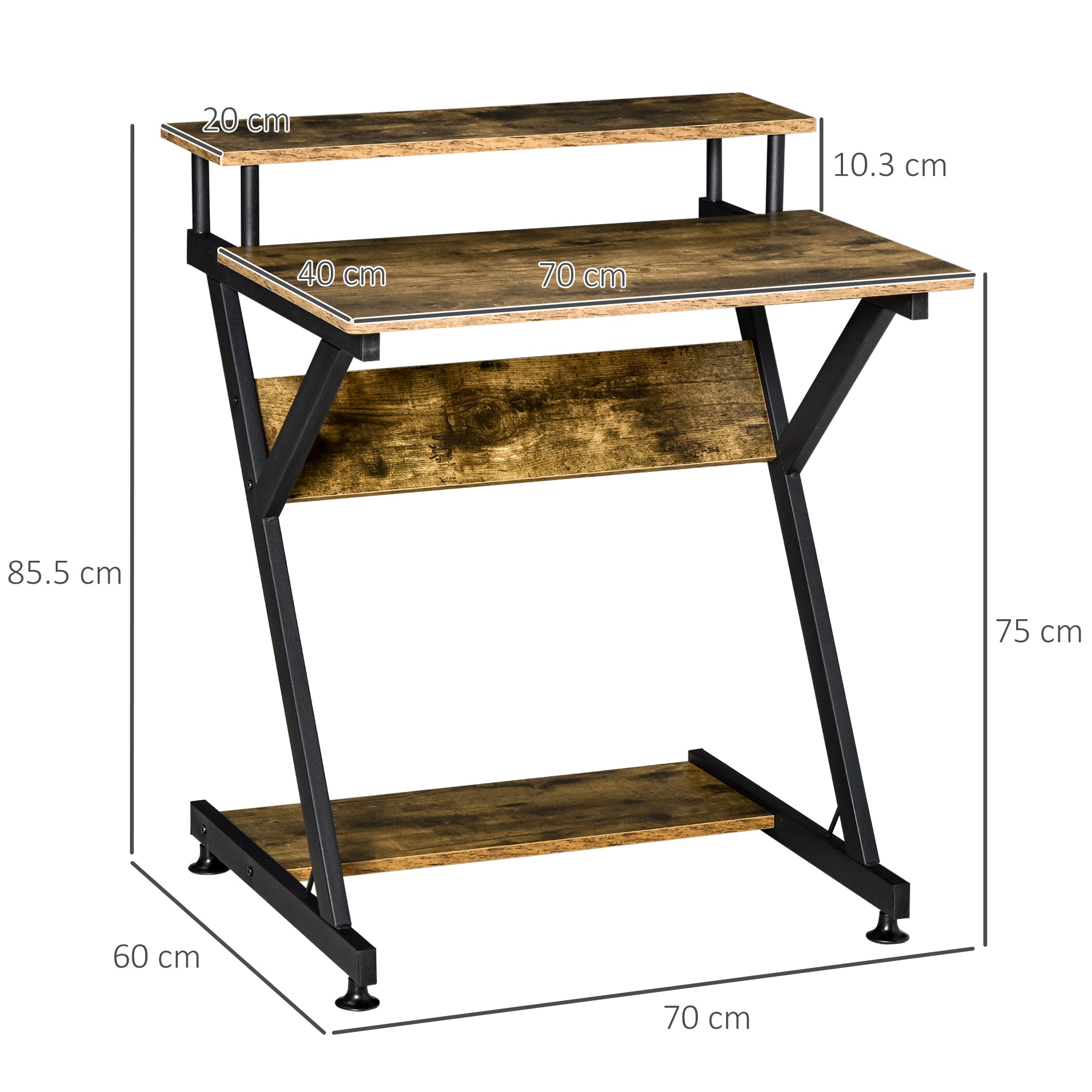 HOMCOM Industrial Computer Desk with Monitor Stand, 70 x 60cm Compact Desk for Small Spaces, Home Office Desk, Rustic Brown 