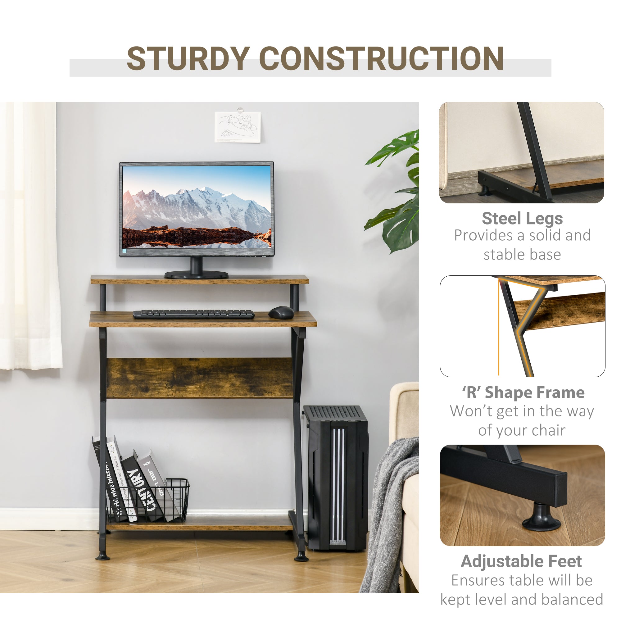 HOMCOM Industrial Computer Desk with Monitor Stand, 70 x 60cm Compact Desk for Small Spaces, Home Office Desk, Rustic Brown 