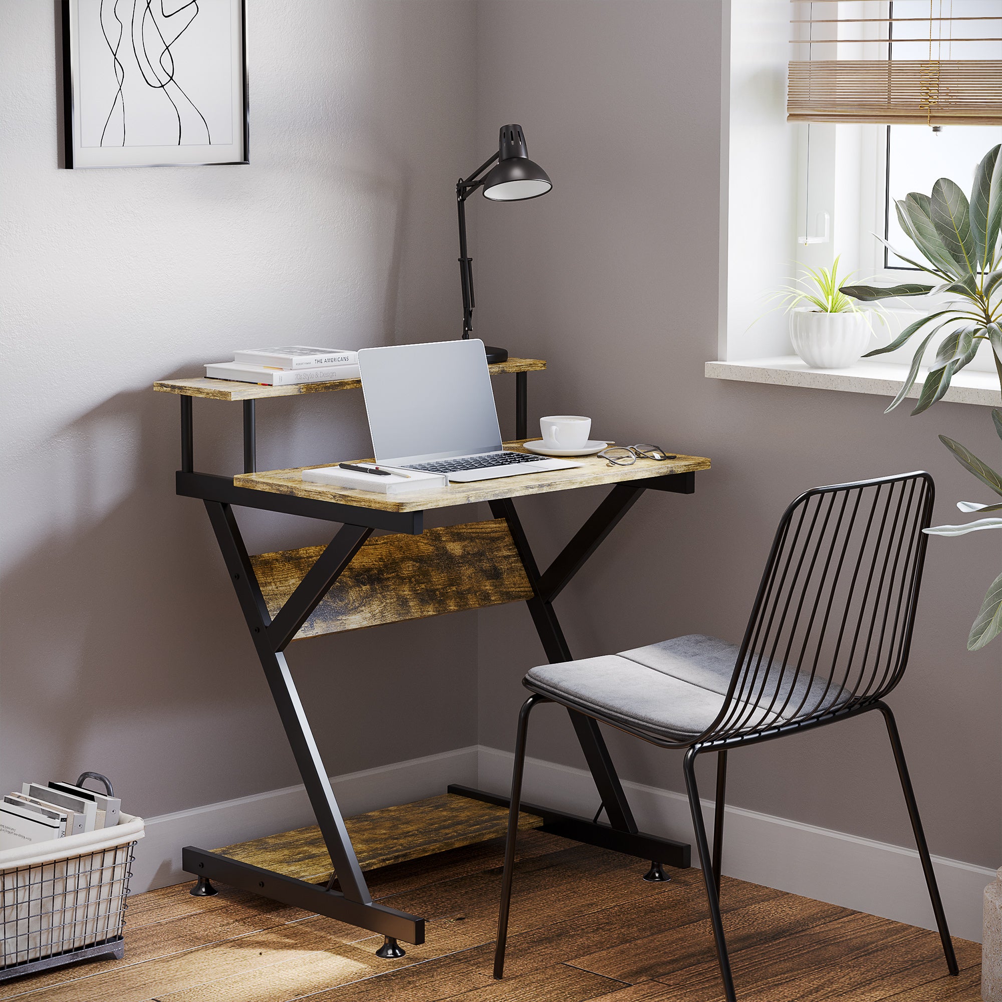 HOMCOM Industrial Computer Desk with Monitor Stand, 70 x 60cm Compact Desk for Small Spaces, Home Office Desk, Rustic Brown 
