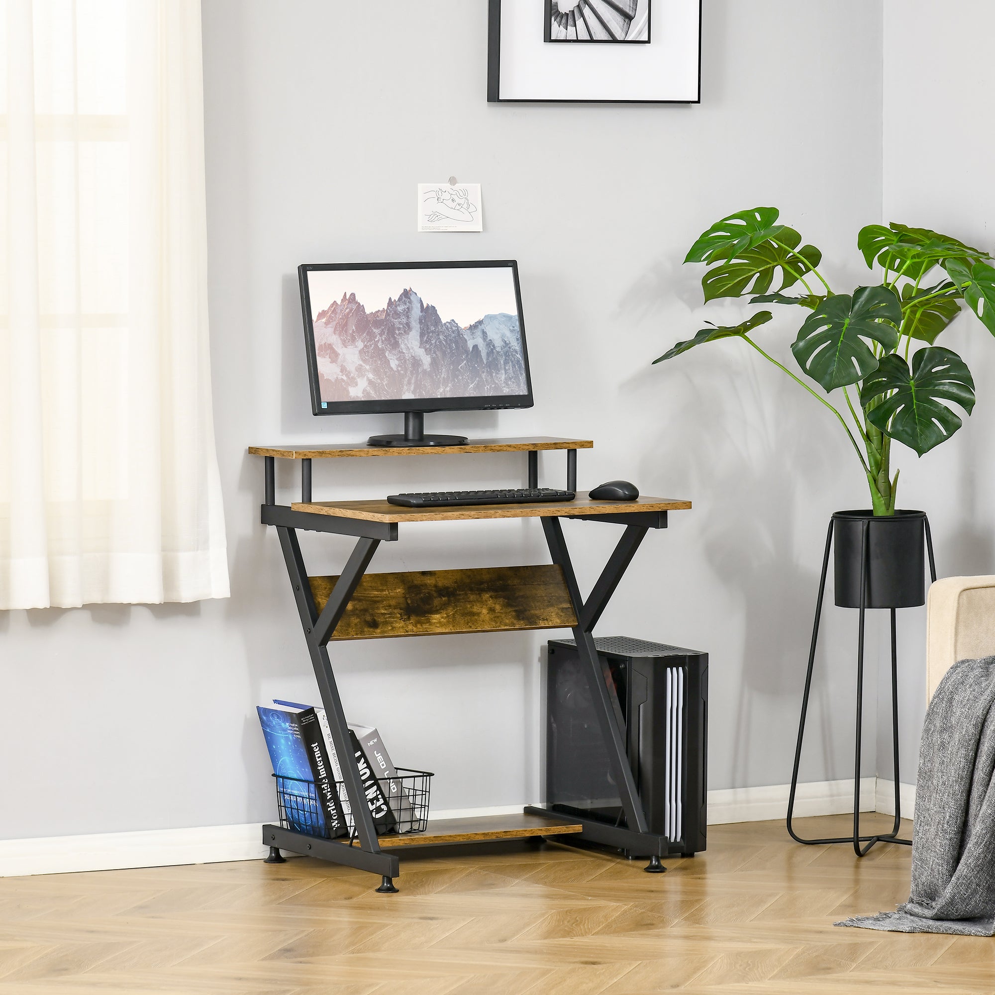 HOMCOM Industrial Computer Desk with Monitor Stand, 70 x 60cm Compact Desk for Small Spaces, Home Office Desk, Rustic Brown 