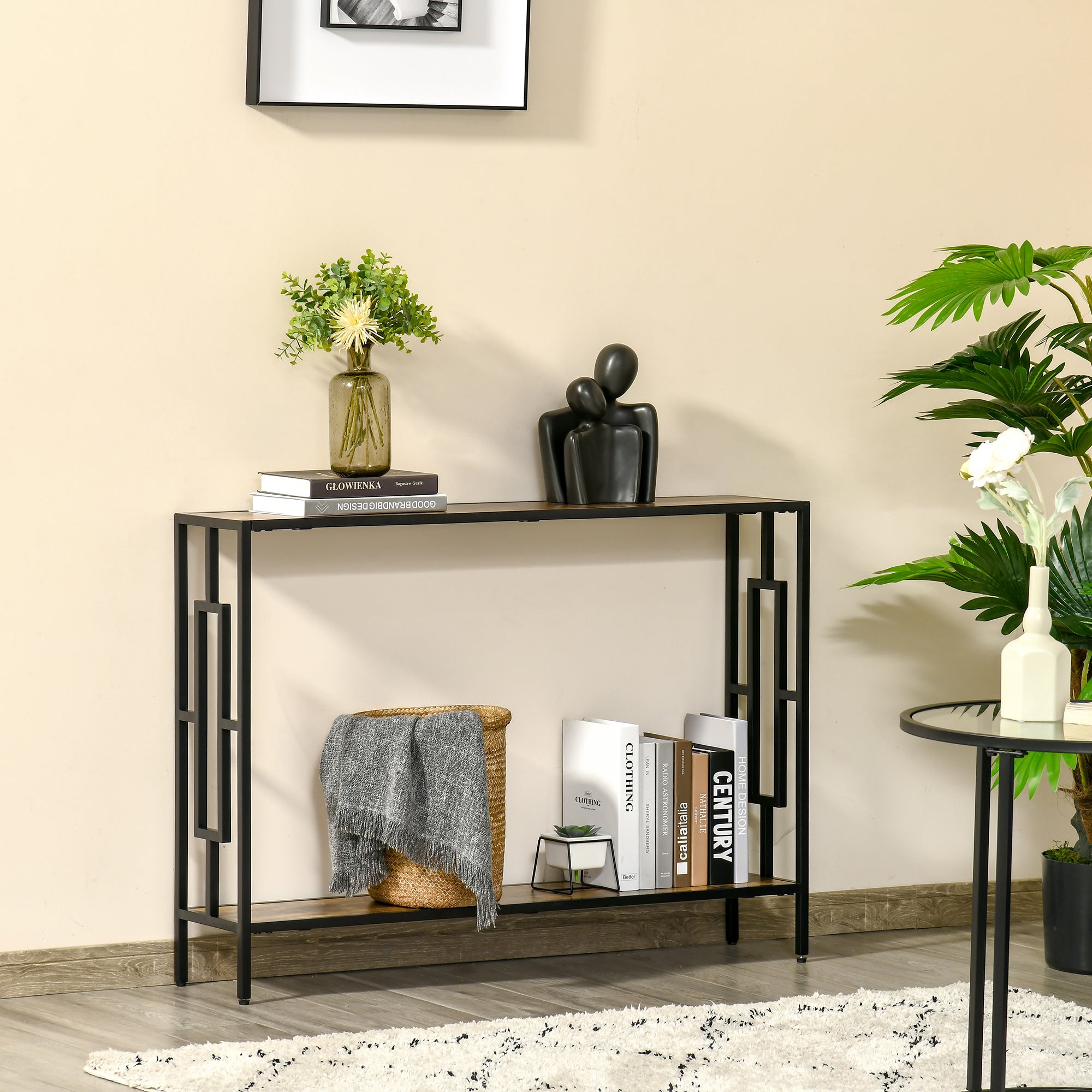 HOMCOM Industrial Console Table with Storage Shelf, Narrow Hallway Dressing Desk with Metal Frame for Living Room, Bedroom, Rustic Brown 
