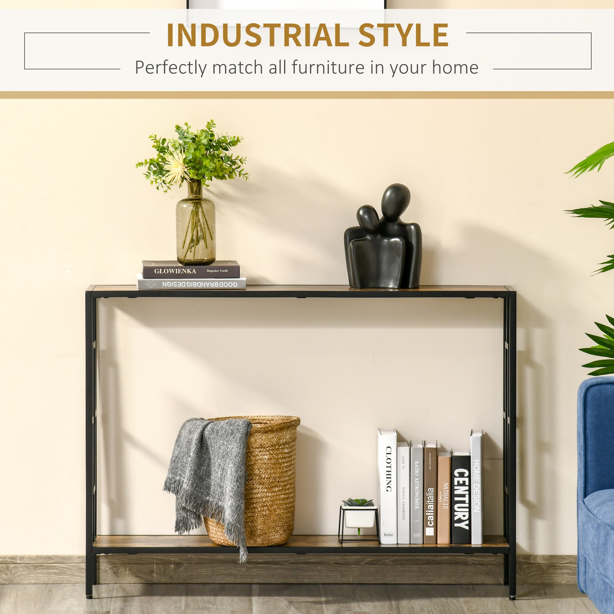 HOMCOM Industrial Console Table with Storage Shelf, Narrow Hallway Dressing Desk with Metal Frame for Living Room, Bedroom, Rustic Brown 