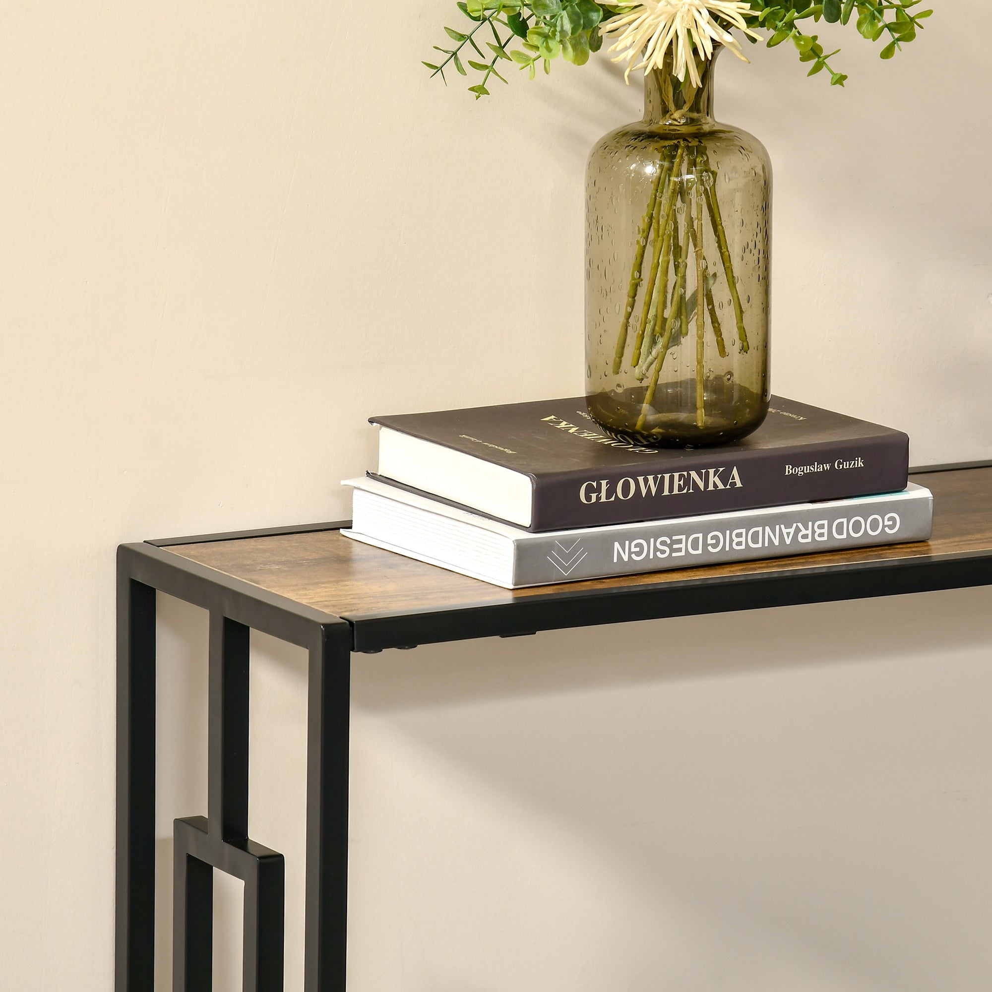 HOMCOM Industrial Console Table with Storage Shelf, Narrow Hallway Dressing Desk with Metal Frame for Living Room, Bedroom, Rustic Brown 