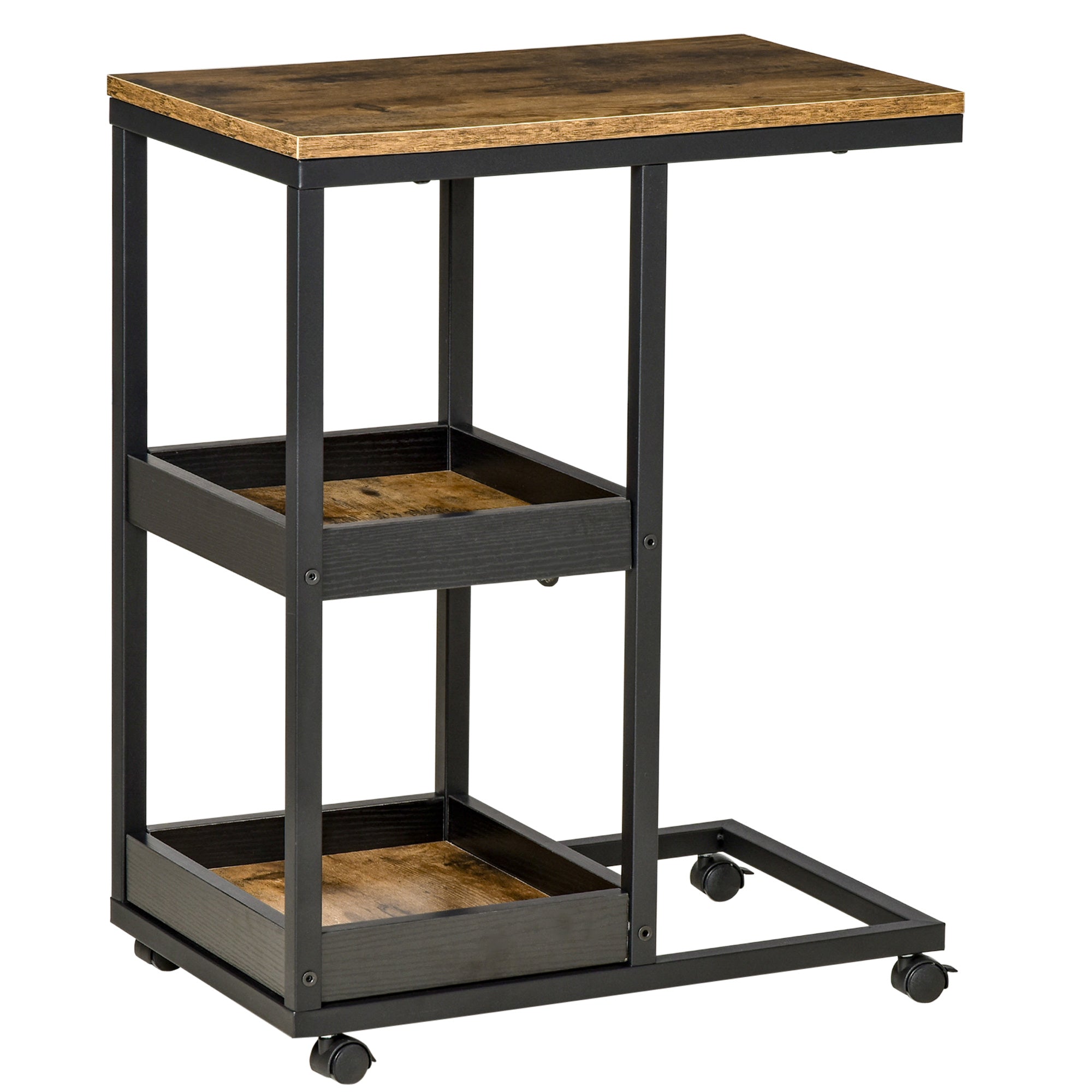 HOMCOM Industrial Mobile Sofa Side Table C-Shaped Rolling Couch Table with 3-Tier Storage Shelving Four Lockable Wheels Steel Frame - Brown 