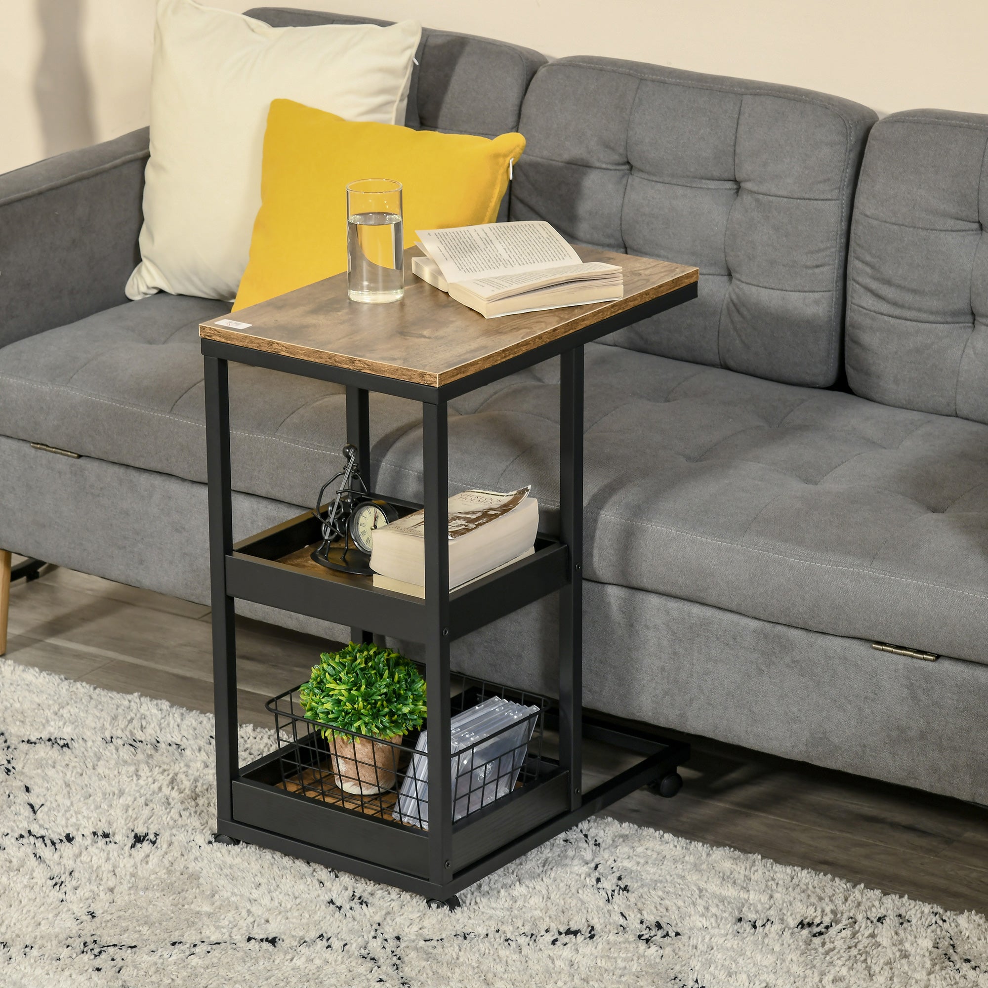 HOMCOM Industrial Mobile Sofa Side Table C-Shaped Rolling Couch Table with 3-Tier Storage Shelving Four Lockable Wheels Steel Frame - Brown 