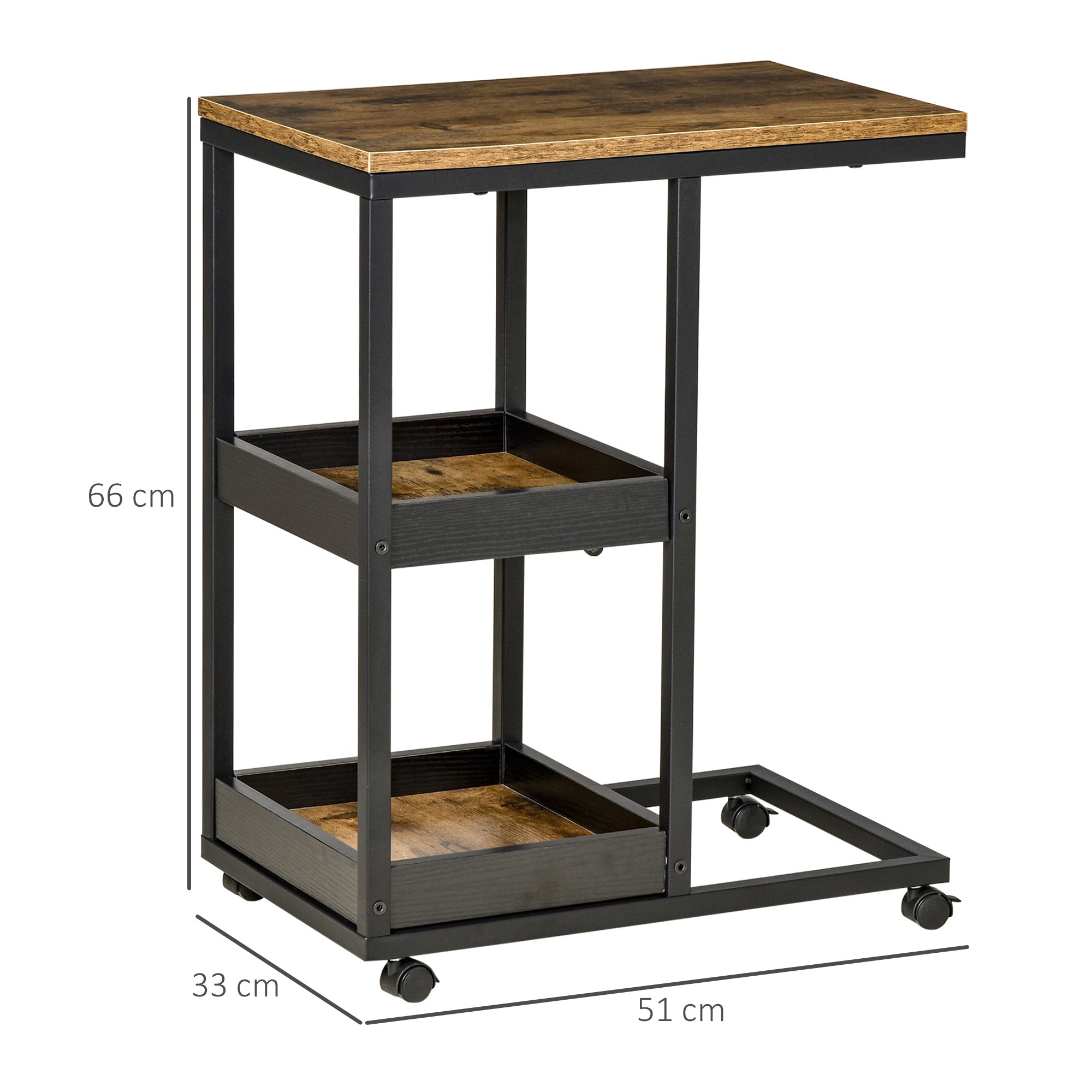 HOMCOM Industrial Mobile Sofa Side Table C-Shaped Rolling Couch Table with 3-Tier Storage Shelving Four Lockable Wheels Steel Frame - Brown 