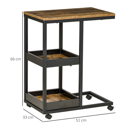 HOMCOM Industrial Mobile Sofa Side Table C-Shaped Rolling Couch Table with 3-Tier Storage Shelving Four Lockable Wheels Steel Frame - Brown 