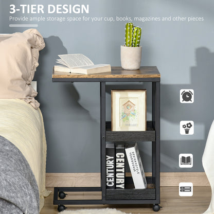 HOMCOM Industrial Mobile Sofa Side Table C-Shaped Rolling Couch Table with 3-Tier Storage Shelving Four Lockable Wheels Steel Frame - Brown 