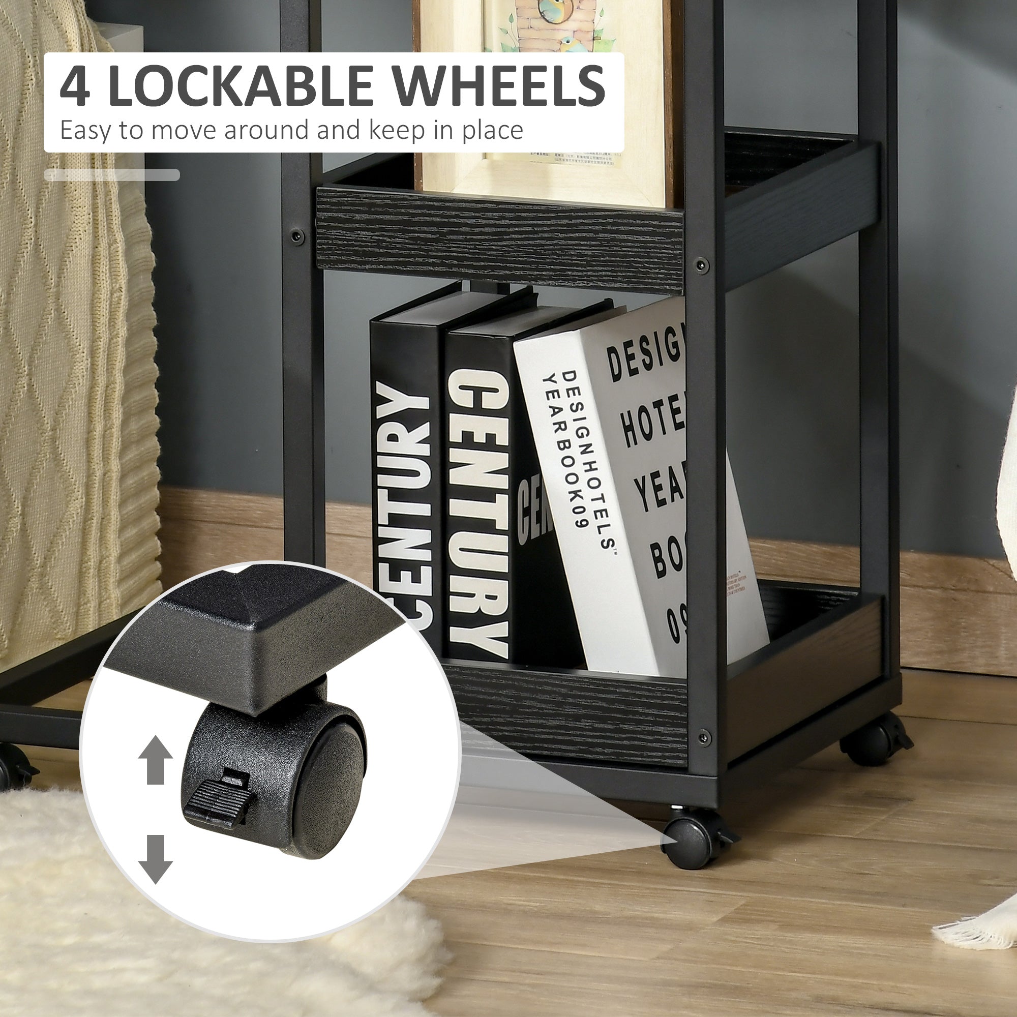 HOMCOM Industrial Mobile Sofa Side Table C-Shaped Rolling Couch Table with 3-Tier Storage Shelving Four Lockable Wheels Steel Frame - Brown 