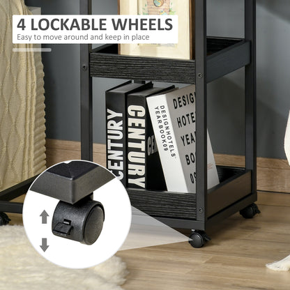 HOMCOM Industrial Mobile Sofa Side Table C-Shaped Rolling Couch Table with 3-Tier Storage Shelving Four Lockable Wheels Steel Frame - Brown 