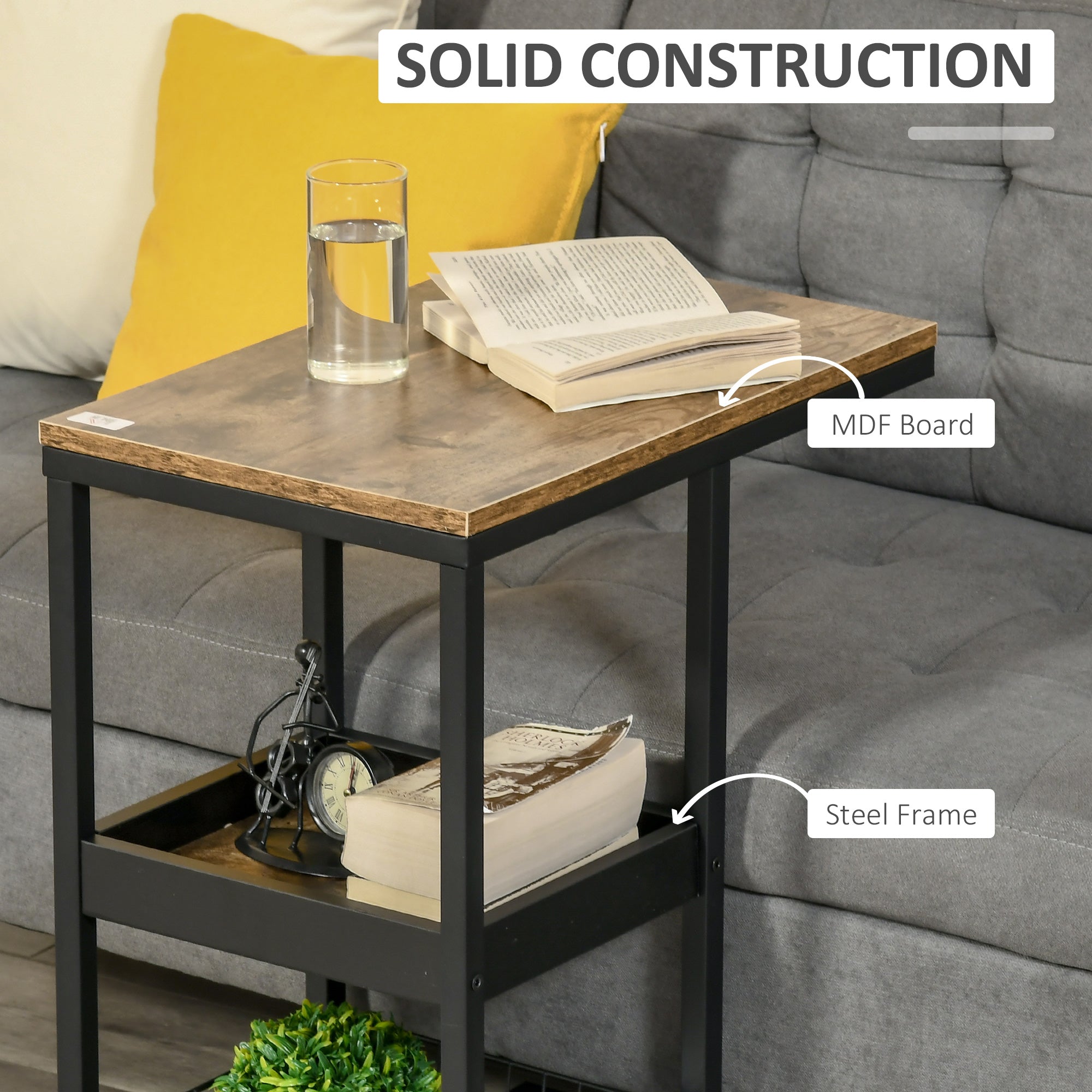 HOMCOM Industrial Mobile Sofa Side Table C-Shaped Rolling Couch Table with 3-Tier Storage Shelving Four Lockable Wheels Steel Frame - Brown 