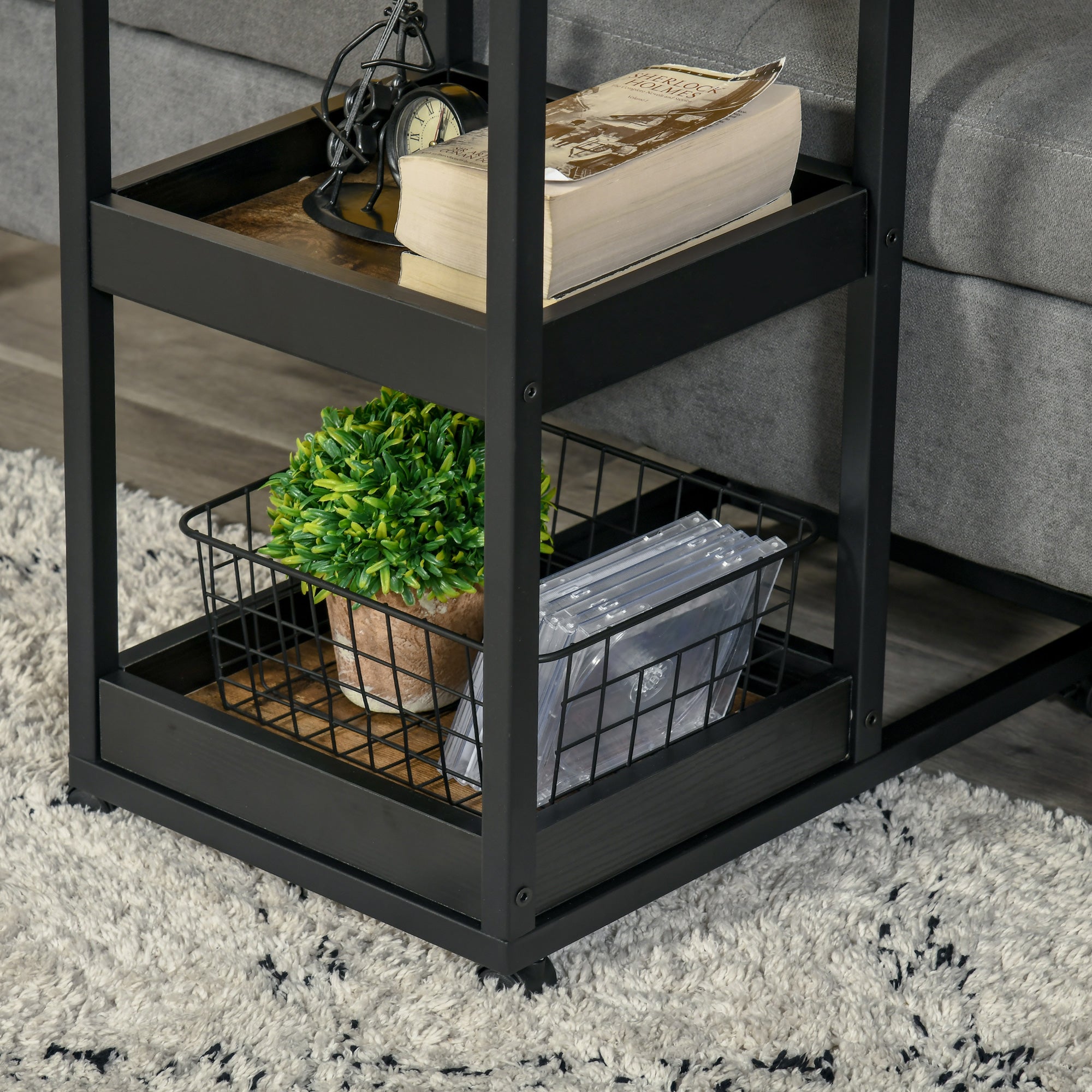 HOMCOM Industrial Mobile Sofa Side Table C-Shaped Rolling Couch Table with 3-Tier Storage Shelving Four Lockable Wheels Steel Frame - Brown 
