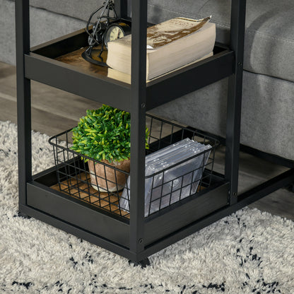 HOMCOM Industrial Mobile Sofa Side Table C-Shaped Rolling Couch Table with 3-Tier Storage Shelving Four Lockable Wheels Steel Frame - Brown 