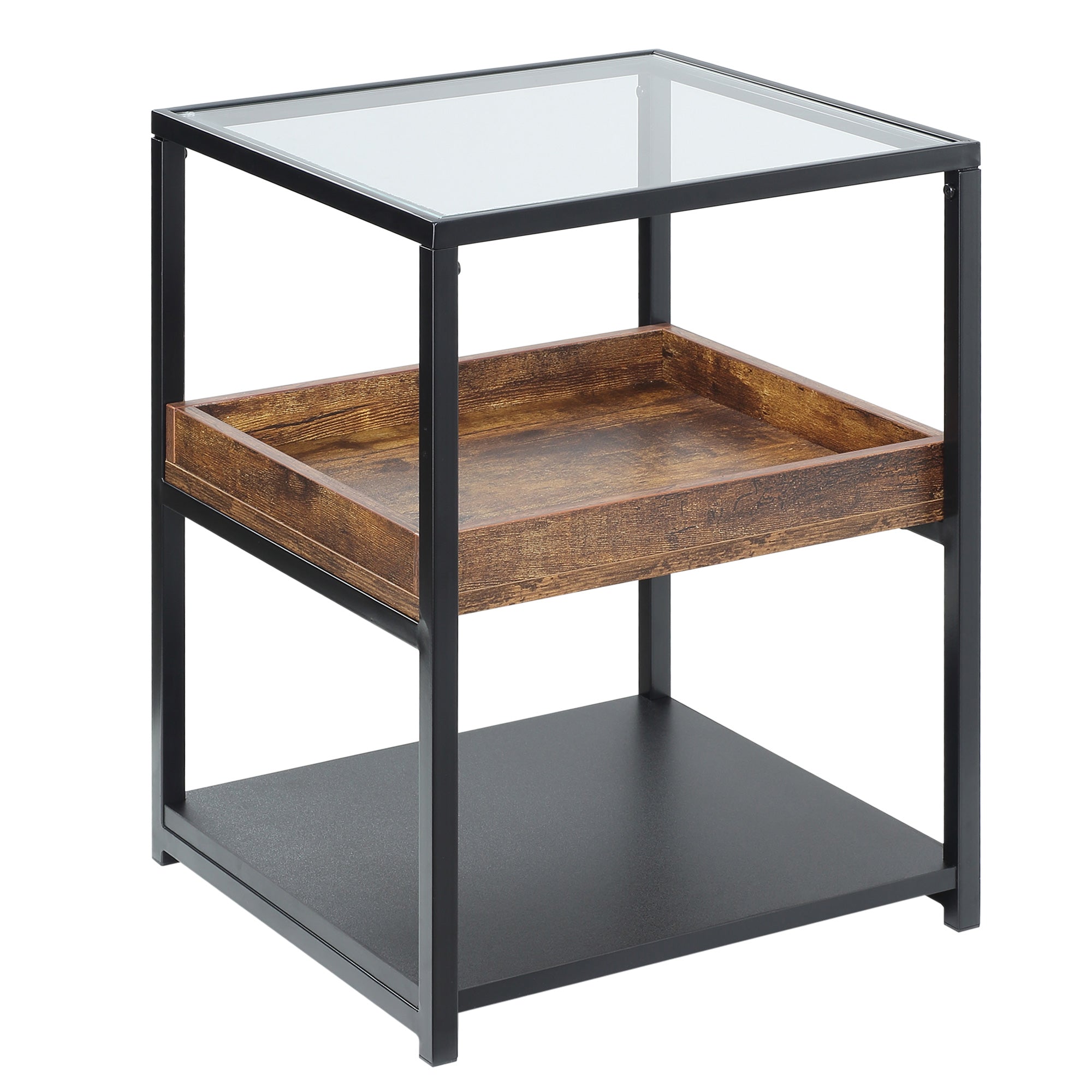 HOMCOM Industrial Side Table, 3-Tier End Table with Glass Top, Storage Shelves, Nightstand with Steel Frame for Bedroom, Living Room, Rustic Brown 
