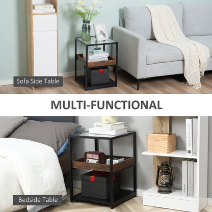 HOMCOM Industrial Side Table, 3-Tier End Table with Glass Top, Storage Shelves, Nightstand with Steel Frame for Bedroom, Living Room, Rustic Brown 