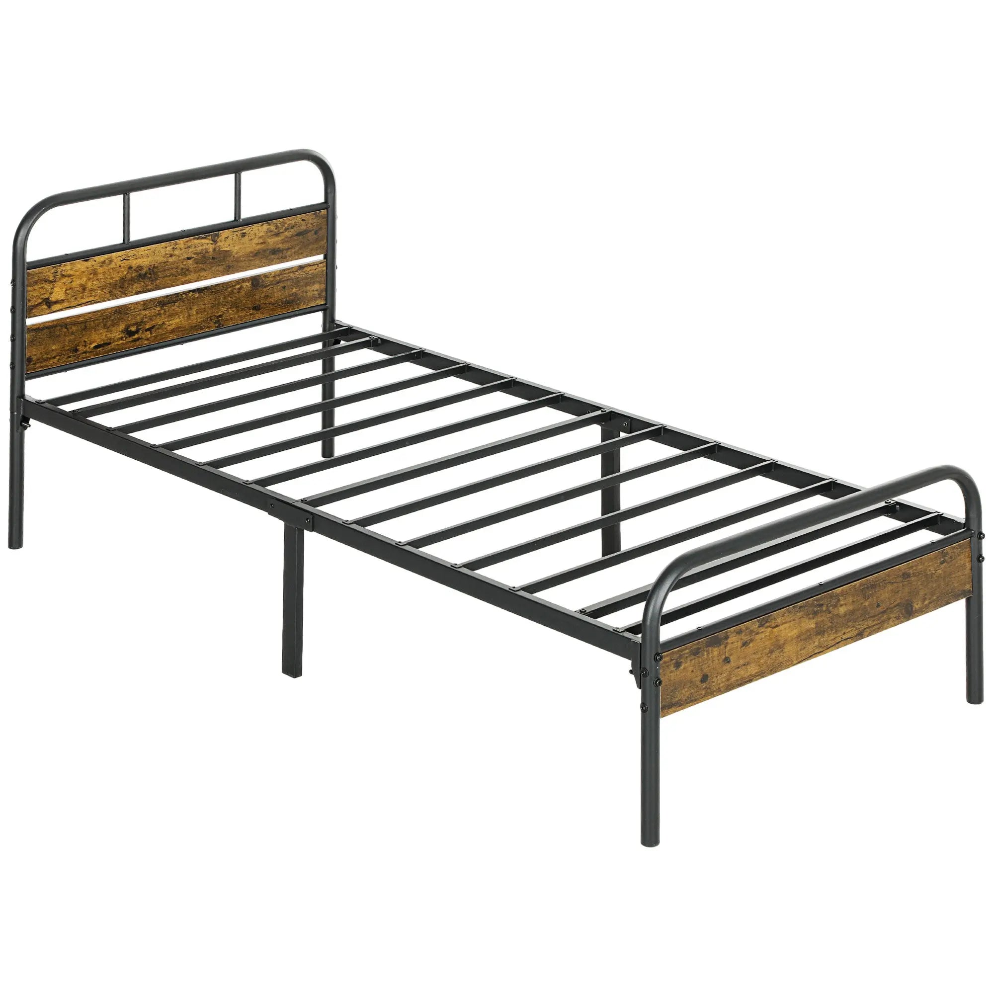HOMCOM Industrial-Style Single Bed Frame - Black/Brown 