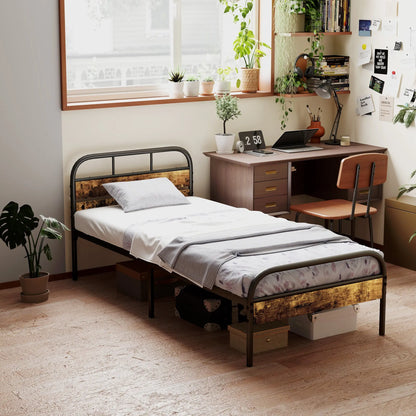 HOMCOM Industrial-Style Single Bed Frame - Black/Brown 