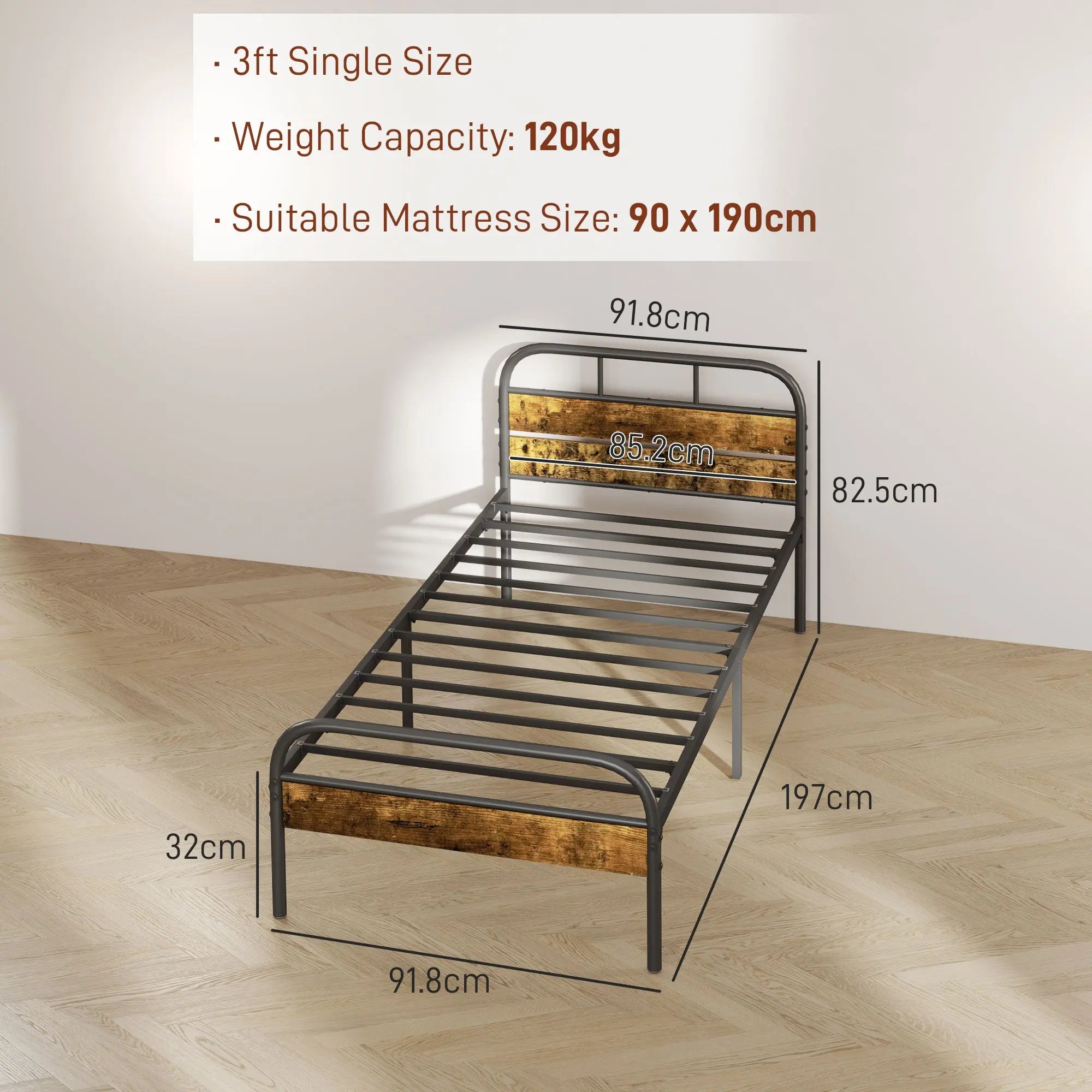 HOMCOM Industrial-Style Single Bed Frame - Black/Brown 