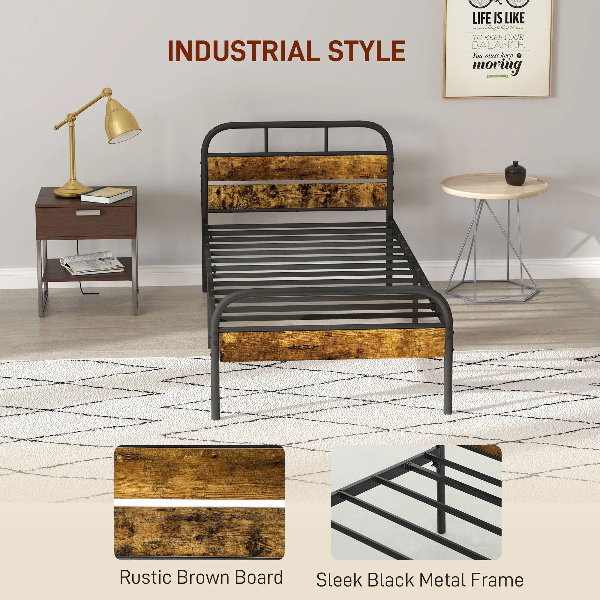 HOMCOM Industrial-Style Single Bed Frame - Black/Brown 