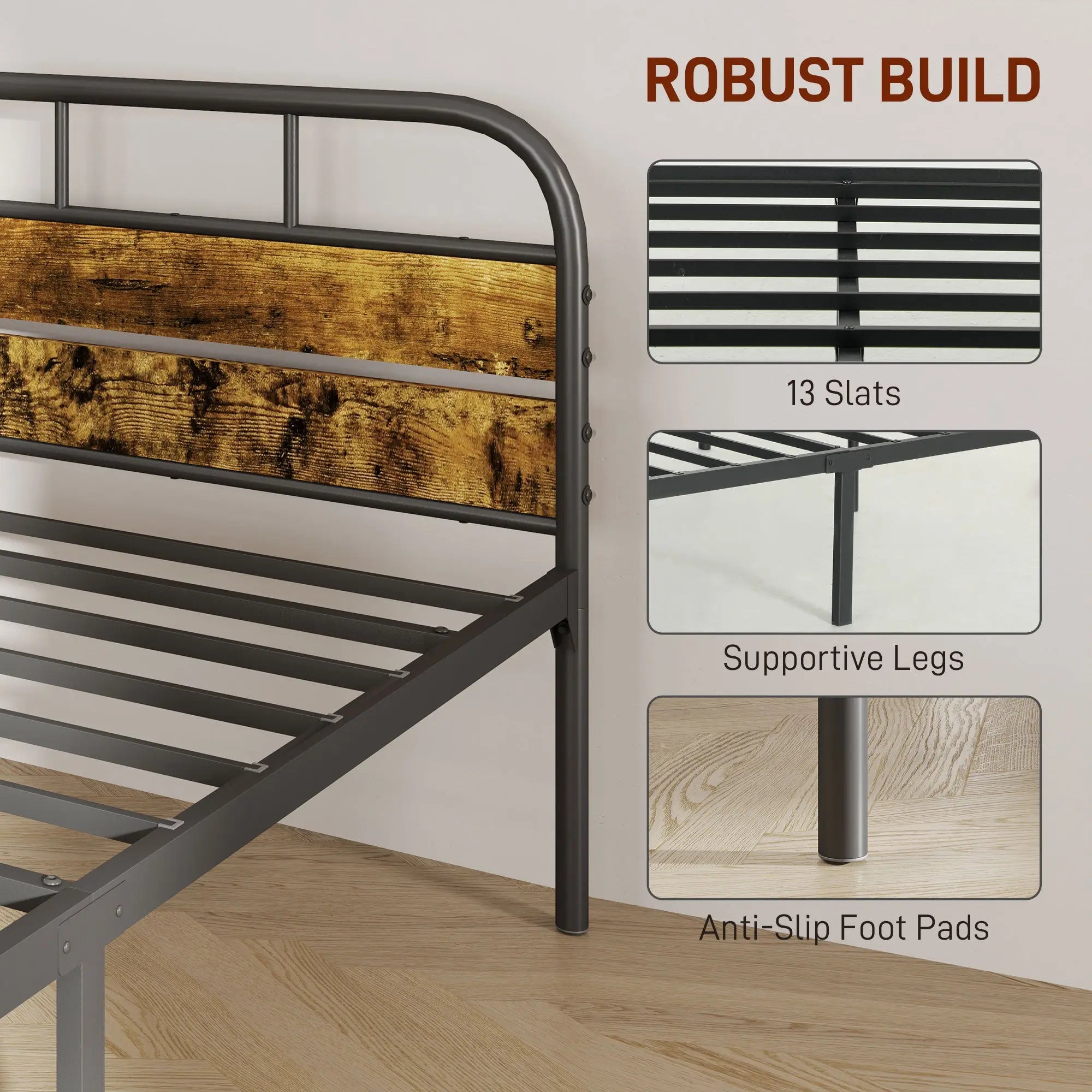 HOMCOM Industrial-Style Single Bed Frame - Black/Brown 