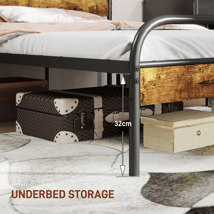 HOMCOM Industrial-Style Single Bed Frame - Black/Brown 