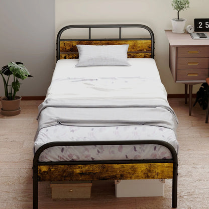 HOMCOM Industrial-Style Single Bed Frame - Black/Brown 