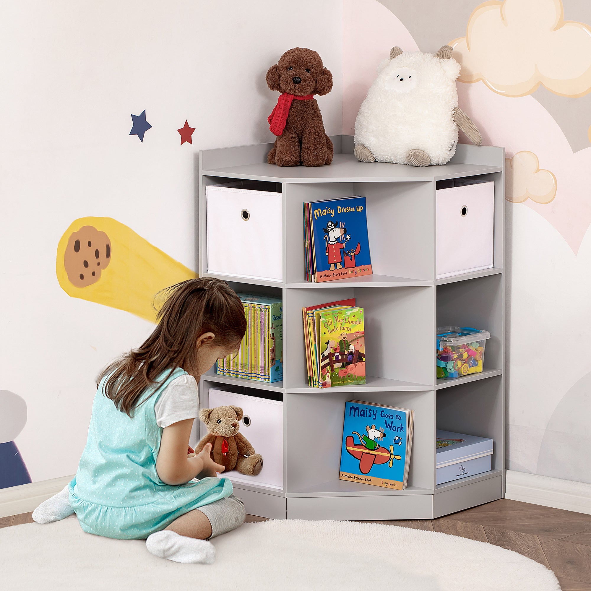 HOMCOM Kids Bookcase, 3 Tier Toy Organiser Storage Unit BookShelf with 3 Non-woven Fabric Drawers, Anti-tip Device, for Bedroom, Children's Room, Playroom, Grey 