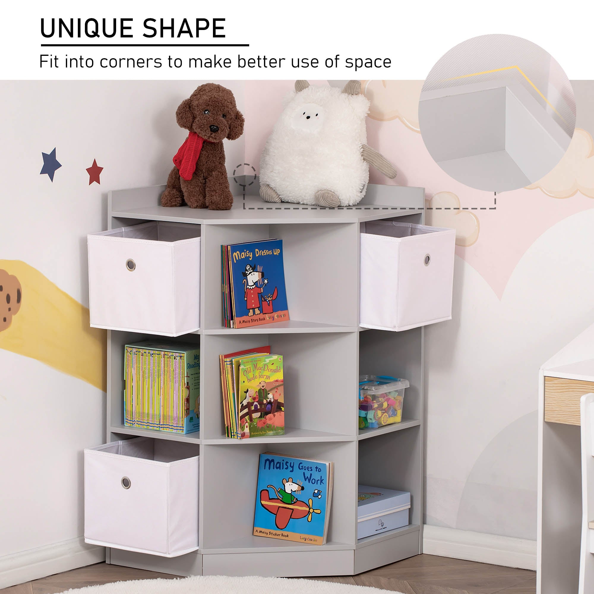 HOMCOM Kids Bookcase, 3 Tier Toy Organiser Storage Unit BookShelf with 3 Non-woven Fabric Drawers, Anti-tip Device, for Bedroom, Children's Room, Playroom, Grey 