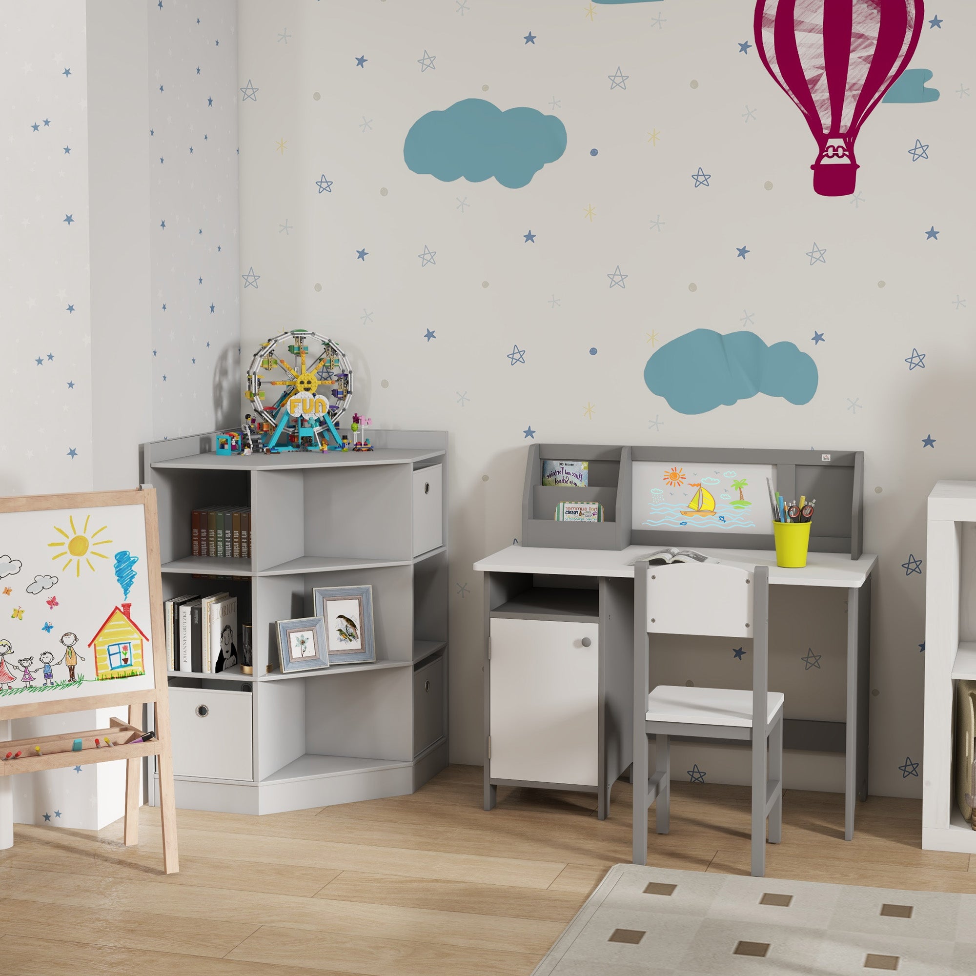 HOMCOM Kids Bookcase, 3 Tier Toy Organiser Storage Unit BookShelf with 3 Non-woven Fabric Drawers, Anti-tip Device, for Bedroom, Children's Room, Playroom, Grey 