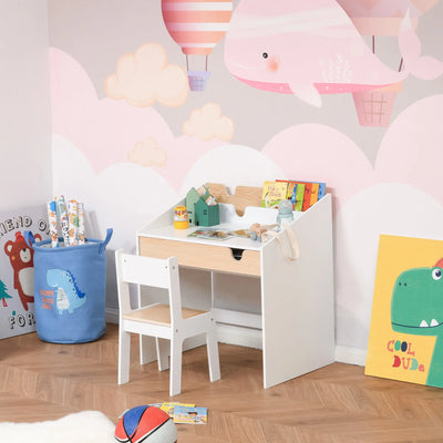 HOMCOM Kids Desk and Chair Set 2 Pieces Children Study Table with Storage Pull-Out Drawer Bookshelf for 3-6 Years Writing, Reading, Drawing 