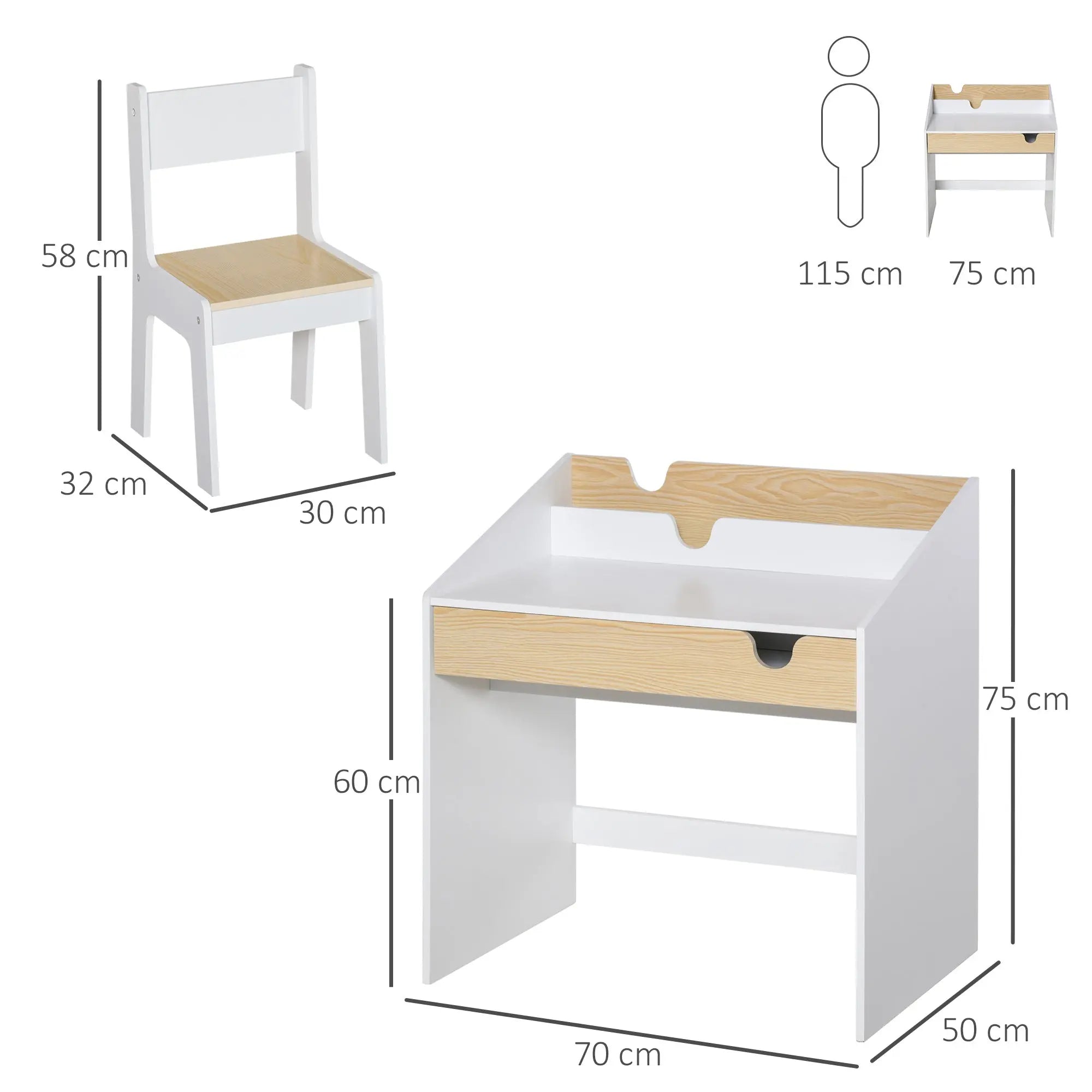 HOMCOM Kids Desk and Chair Set 2 Pieces Children Study Table with Storage Pull-Out Drawer Bookshelf for 3-6 Years Writing, Reading, Drawing 