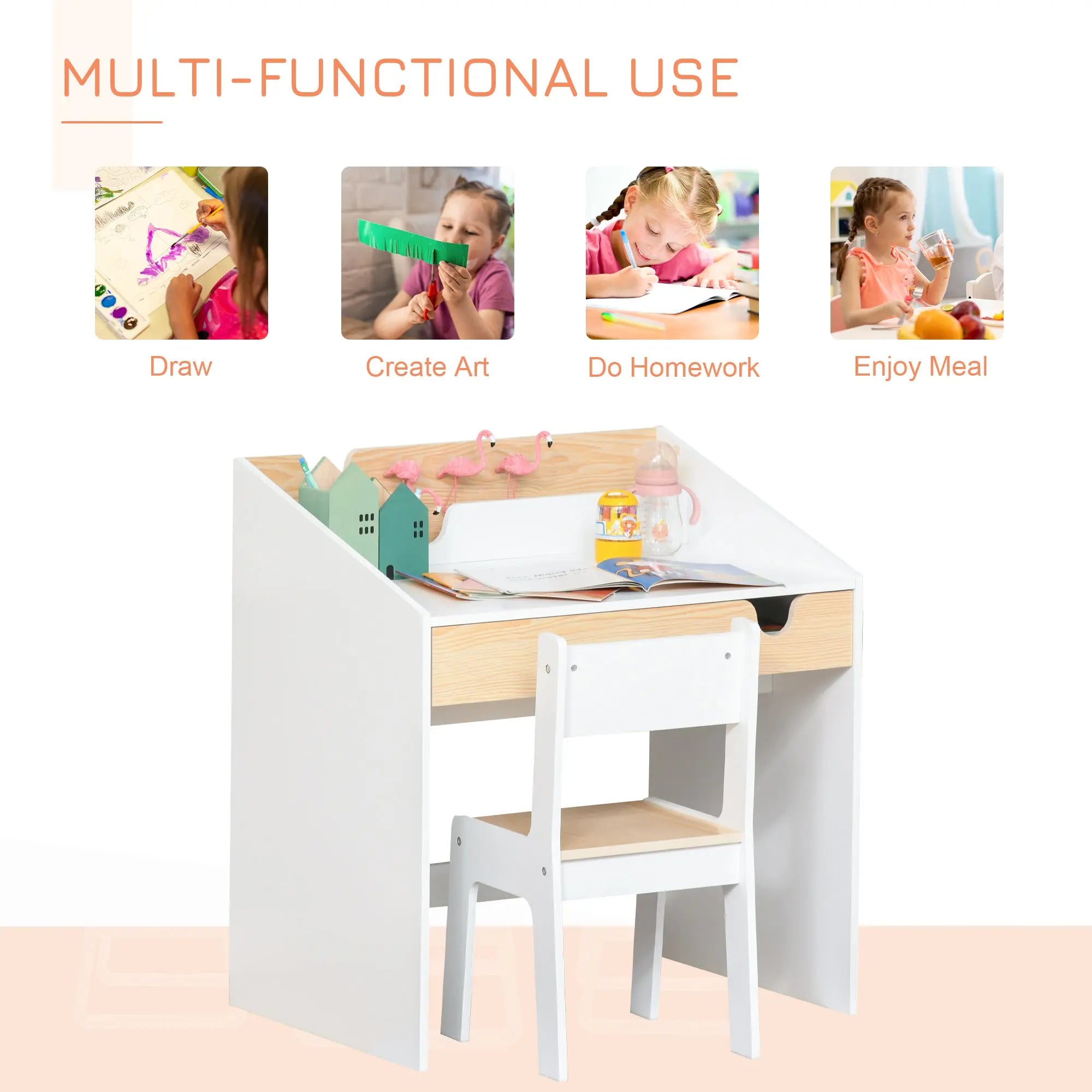 HOMCOM Kids Desk and Chair Set 2 Pieces Children Study Table with Storage Pull-Out Drawer Bookshelf for 3-6 Years Writing, Reading, Drawing 