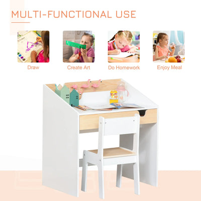 HOMCOM Kids Desk and Chair Set 2 Pieces Children Study Table with Storage Pull-Out Drawer Bookshelf for 3-6 Years Writing, Reading, Drawing 