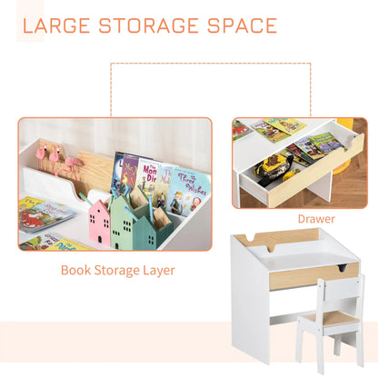 HOMCOM Kids Desk and Chair Set 2 Pieces Children Study Table with Storage Pull-Out Drawer Bookshelf for 3-6 Years Writing, Reading, Drawing 