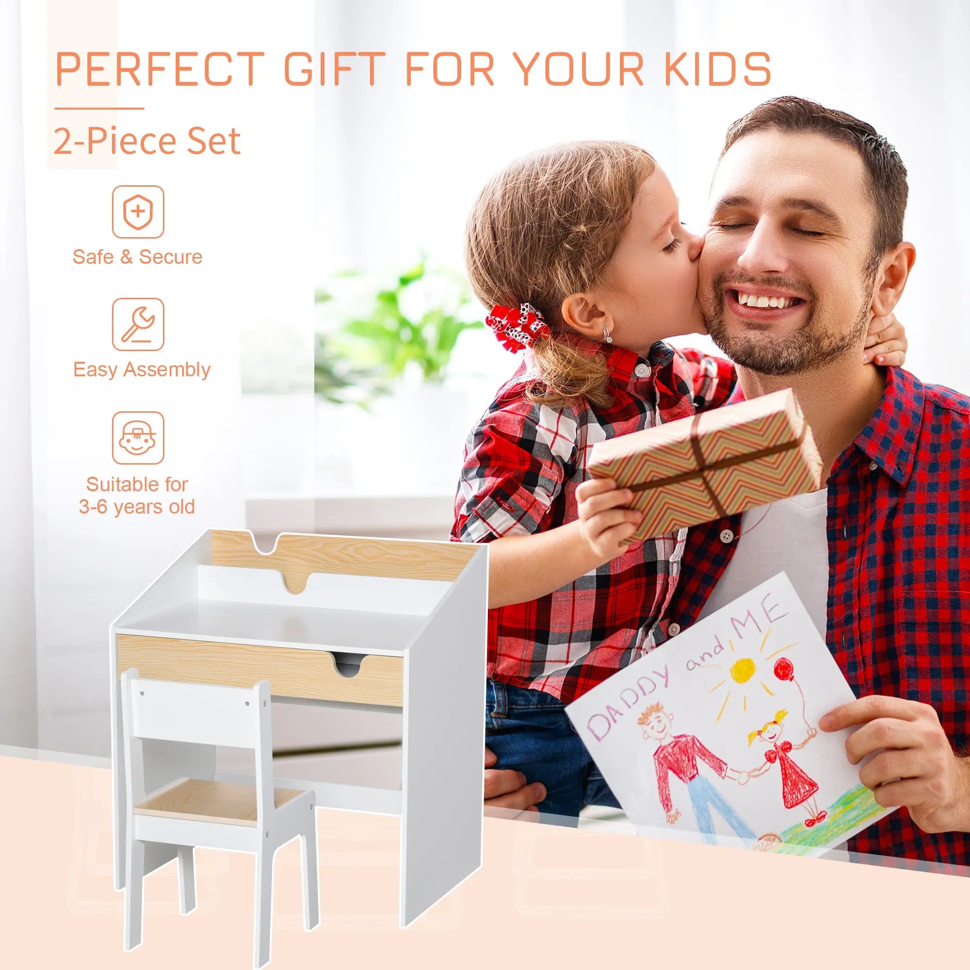 HOMCOM Kids Desk and Chair Set 2 Pieces Children Study Table with Storage Pull-Out Drawer Bookshelf for 3-6 Years Writing, Reading, Drawing 