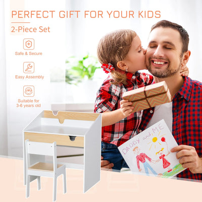 HOMCOM Kids Desk and Chair Set 2 Pieces Children Study Table with Storage Pull-Out Drawer Bookshelf for 3-6 Years Writing, Reading, Drawing 
