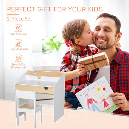 HOMCOM Kids Desk and Chair Set 2 Pieces Children Study Table with Storage Pull-Out Drawer Bookshelf for 3-6 Years Writing, Reading, Drawing 