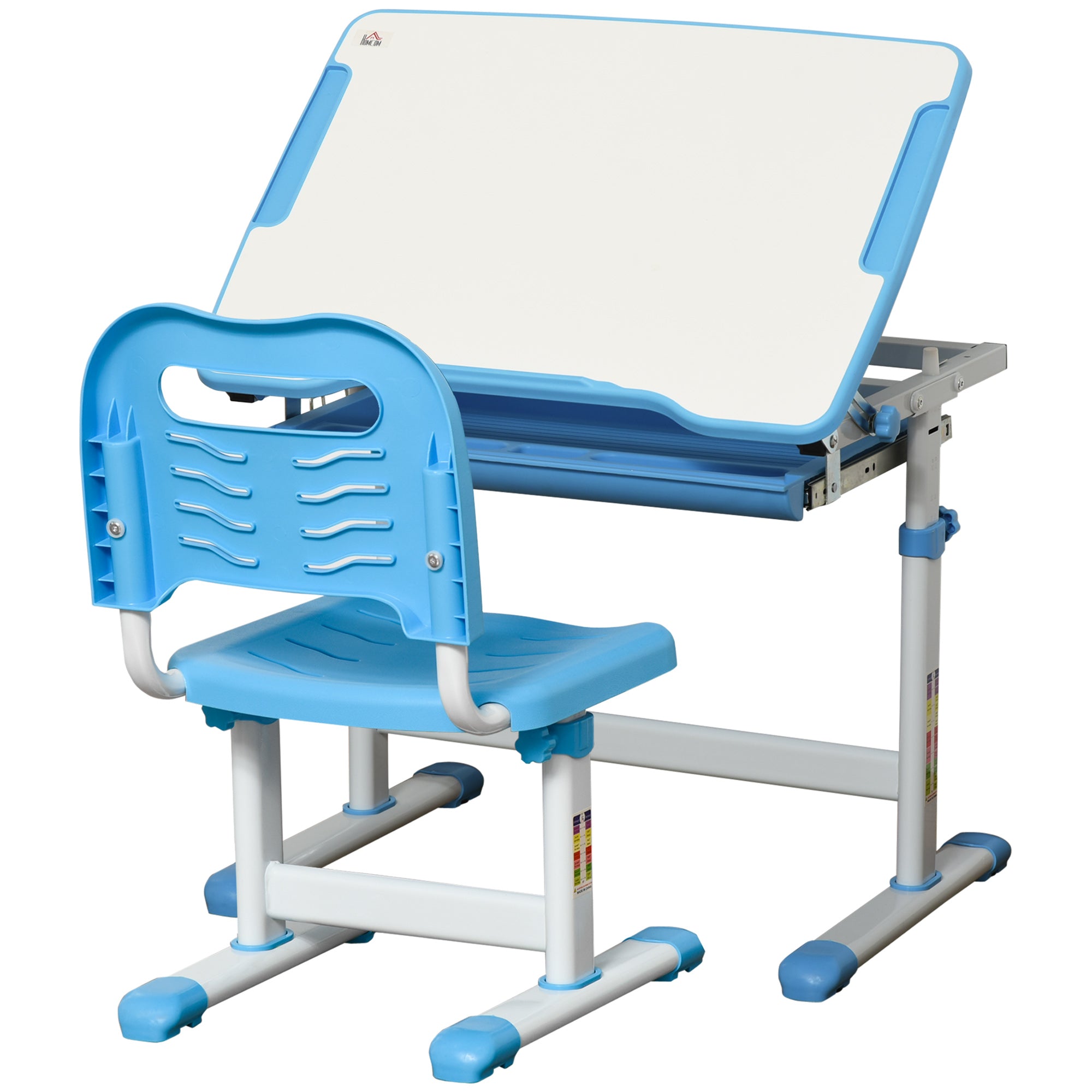 HOMCOM Kids Desk and Chair Set, Height Adjustable Student Writing Desk, Children School Study Table with Tiltable Desktop, Drawer, Pen Slot, Hook - Blue 